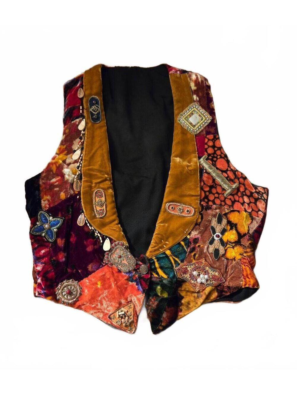 Vintage Multicolor Patchwork Velvet Embellished Vest